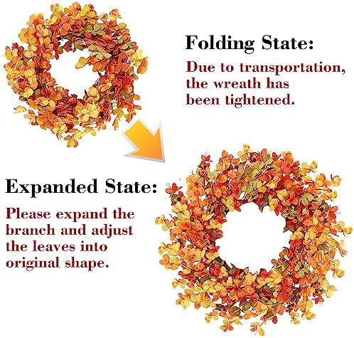 Sggvecsy Fall Wreath 20'' Autumn Front Door Wreath with Pumpkin Berry Round Leaves Fall Decorations for Outside Indoor Wall Window Festival Thanksgiving Harvest Fall Autumn Decor(Yellow)