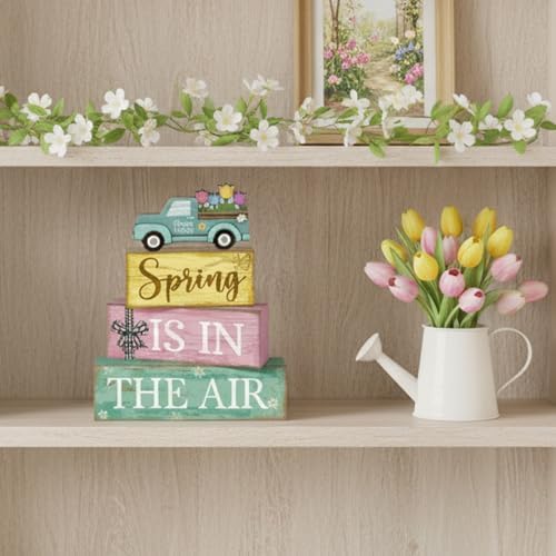 Moucuny 4 Pcs Spring Wooden Block Signs Farmhouse Table Centerpiece