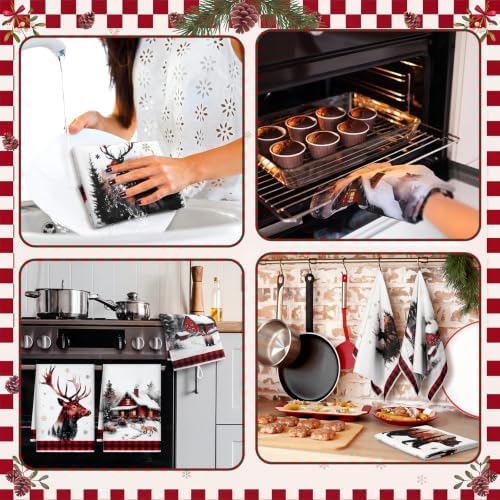 Bencailor 6 Pcs Christmas Kitchen Towel, Buffalo Plaid, Forest Cabin