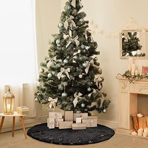 Christmas Tree Skirt Black 30 Inch Faux Fur with Gold Glitter Snowflake Soft Fluffy Tree Skirt for Christmas Party Decoration, Black Gold Snowflake