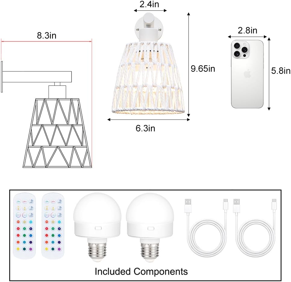 White Battery Operated Wall Sconce Set of 2, Boho Rattan Rechargeable Wall Lights with Dimmable Bulbs and Remote,15