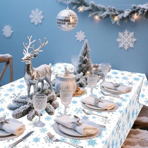 Gistome 3-Piece 54 x 108 Inch Snowflake Plastic Tablecloth – Blue and White Christmas Holiday Disposable Table Cover for Winter Parties, Xmas Dinners, and Indoor Outdoor Decorations
