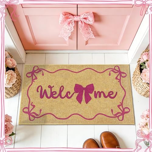 Bow Welcome Doormat Pink Coquette Welcome Entrance Door Mat Entryway Rug