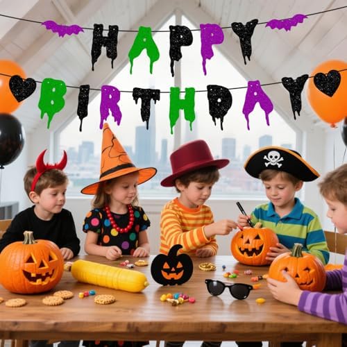Happy Birthday Halloween Banner NO DIY Glitter Halloween Birthday Party Decorations for Home Office Wall Mantle Scary Party Decorations (Black Green Purple)
