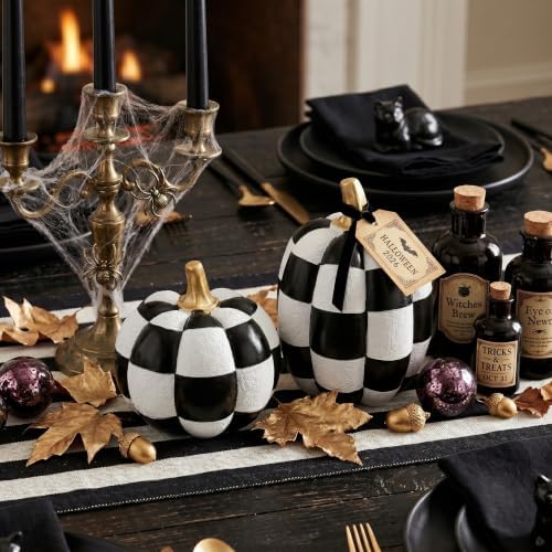 Black and White Checkered Pumpkins with Gold Stem for Halloween Decor