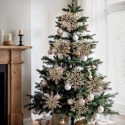 12pcs Large Champagne Gold Snowflakes Ornaments 12” Big Plastic Glitter Snowflake for Winter Indoor Outdoor Christmas Tree Window Room Decorations Giant Craft Snowflakes