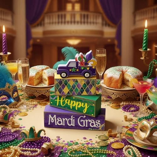 Lineshading 4 Pcs Mardi Gras Tiered Tray Decor Wooden Blocks, Truck