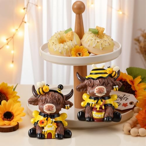 Karenhi 2 Pcs Highland Cow Figurines Resin, Bee Theme Honey Jar Decor