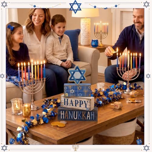 Lineshading 4 Pcs Wooden Hanukkah Block Signs Farmhouse Tiered Decor