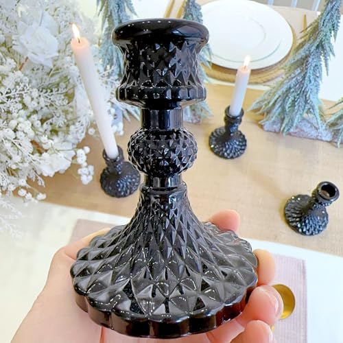 Black Glass Candlestick Holders, Taper Candle Holders, Set of 6