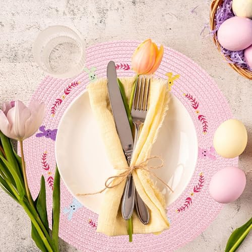 Whaline 4Pcs Easter Bunny Round Placemats Pink Rabbit Embroidered Place Mats Spring Cute Kitchen Table Mats for Home Wedding Baby Shower Birthday Dinner Party Decor