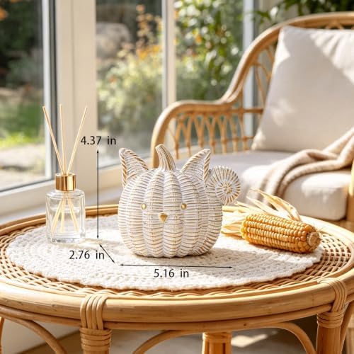Fall Decor Animal Pumpkin Decorations – Squirrel Fake Pumpkin Resin Woven Design Animal Figurines for Table Shelf Mantel, Thanksgiving Halloween Decorations Gifts for Autumn Decor(Gold&White)