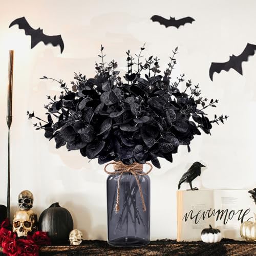 DIYDEC 12Pcs Black Eucalyptus Stems Flowers with Glass Vase for Table Decor