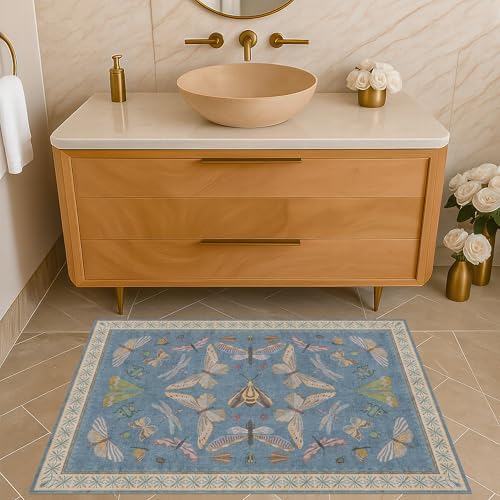 Blue 2x3 Kitchen Rugs Non Slip Washable, 0.25" Low Pile Stain & Fade Resistant, Waterproof Indoor Floor Mat for