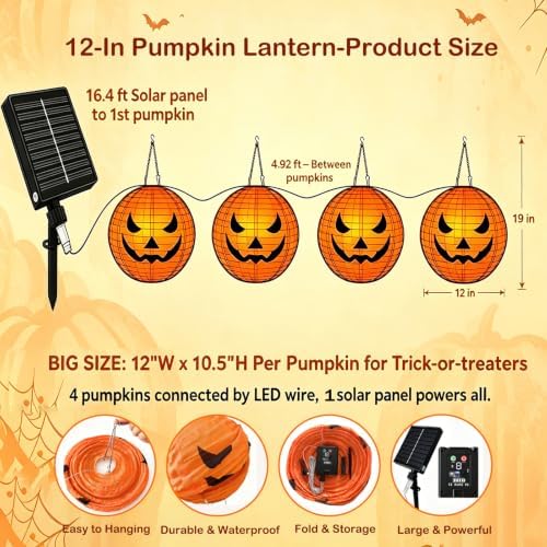 HUGSVIK 4Pcs Solar Pumpkin Lantern Outdoor Hanging Halloween Decorations
