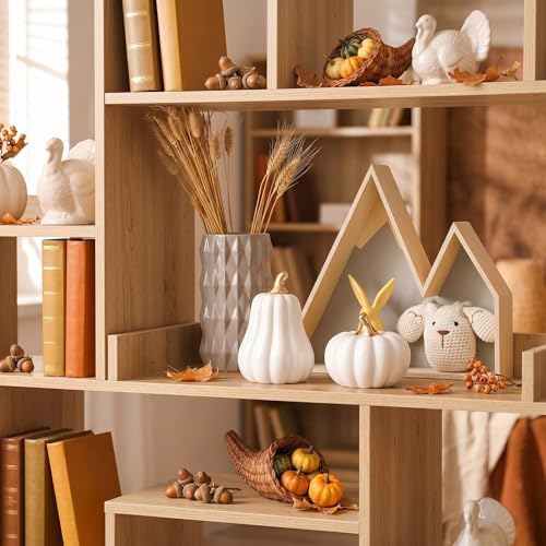 Qinyoung 2 Pcs Fall Ceramic Pumpkins for Home Decor Gold Stem, White