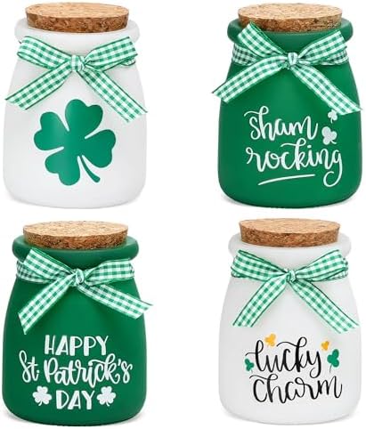 St Patricks Day Tiered Tray Decorations, 4 Pcs St. Patrick's Day Mini Mason Jars, Decorative Jars for St Patricks Day Table Decor, Tiered Tray Decor, Spring Green Table Decor