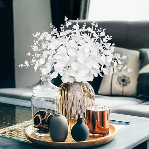 Yen Jean 14PCS White Eucalyptus Artificial Faux Flowers for Decoration - Fake Silk Stems in Vase Christmas Holiday Winter Wedding Home Decor