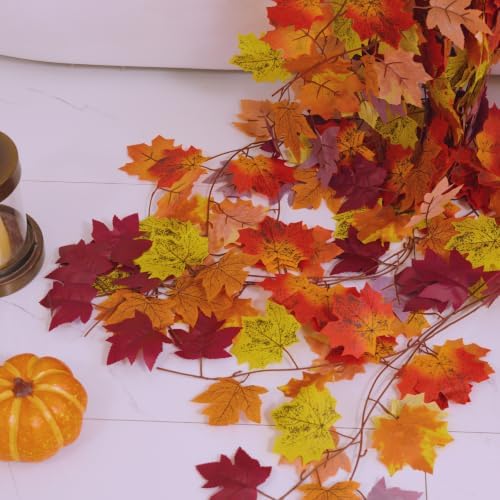 CQURE 8 Pack Fall Garland, Total 63Ft Artificial Autumn Maple Leaves Garland Hanging Vines, Thanksgiving Halloween Harvest Decor for Fireplace Mantle Table Indoor Outdoor