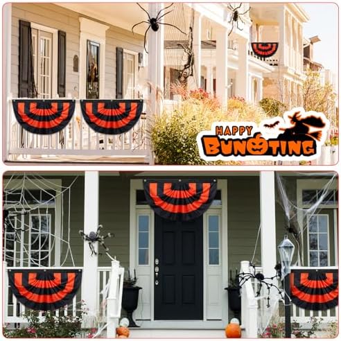 Newwiee 6 Pcs 3 x 6 ft Halloween Flag Bunting Half Fan Hanging Pleated Flag Banner with 3 Grommets for Halloween Indoor Outdoor House Party Holiday Yard Decorations Props, Black Orange