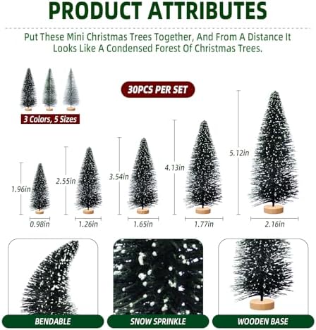 30pcs Tiny Christmas Trees for Christmas Decorations, Mini Artificial Christmas Tree Small with Snowflakes Bottle Brush Trees for Christmas Decor Party Home Table Top Winter Crafts Decorations