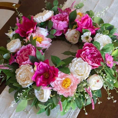 24 Inch Spring Summer Wreaths for Front Door Outside with Peony & Rose