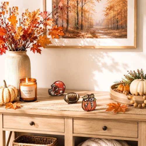 Smile Fall Wooden Tabletop Decor Set, 3-Piece Pumpkin Football Helmet Table Topper Signs for Autumn Harvest Home Decor