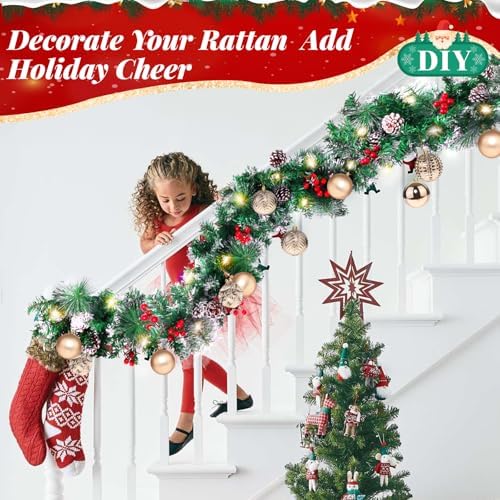 BlessedSeason 12FT Christmas Garland with Lights, Artificial Lighted Garland Indoor for Stairs, Fireplace, 65 Lights Green Garland, Cones & Red Berries & Pine Needle
