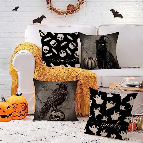 YeeJu Set of 4 Halloween Pillow Covers 18x18 Inch Spooky Skull Ghost Decor Throw Pillow Covers Black Cat Crow Halloween Cushion Covers Linen Pillow Cases for Home Outdoor Sofa Couch (18 by 18)