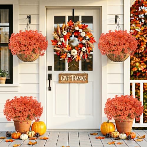 13 Bundles Artificial Fall Flowers Fake Mums for Outdoor(Orange)