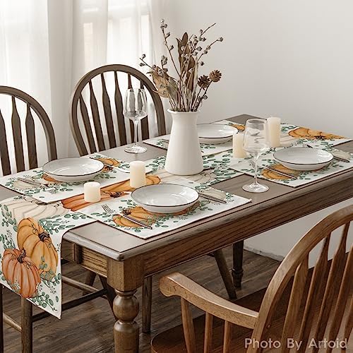 Artoid Mode Orange Pumpkins Eucalyptus Leaves Fall Placemats Set of 4, 12x18 Inch Autumn Thanksgiving Holiday Table Mats for Party Kitchen Dining Decor