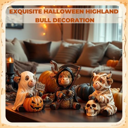 3 Pcs Halloween Highland Cow Figurines, Mummy Reaper Ghos Decor