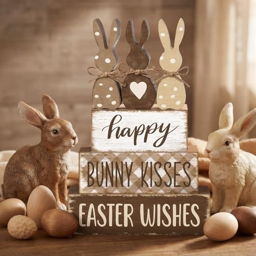 Yousoontic 4 Pcs Rustic Easter Bunny Wooden Table Decorations, Spring Farmhouse Rabbit Tiered Tray Sign Country Table Top Centerpiece Decorative for Home Entryway Office Desk Mantel Room Decor, Gift