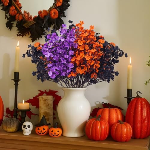 Uieke 6 Pcs Halloween Artificial Baby's Breath Flowers, Black & Purple & Orange Faux Gypsophila Flowers, Real Touch Silk Flowers for Cemetery Decor, Haunted House Party, Spooky Centerpieces