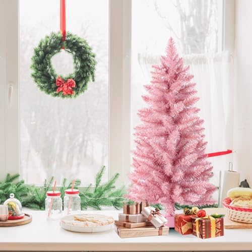 4ft Artificial Christmas Tree, Mini Xmas Pine Tree with 4-Leg Stable Plastic Base, Small Tabletop Christmas Tree for Home Office Holiday Party Indoor Decoration