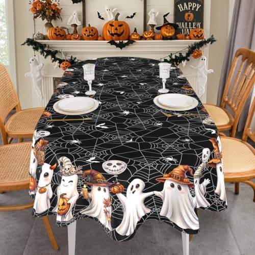 Black Halloween Tablecloth Oval 60 x 102 Inch, Washable Fabric Spider Web Ghost Table Cloth Oval Halloween Tablecloth Table Cover for Kitchen Dining Party