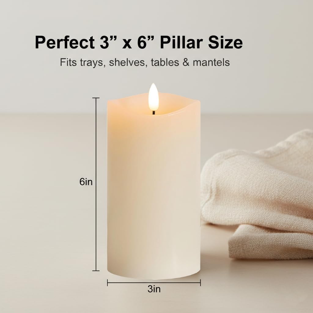 Real Wax Flameless Candles with Remote, 3 x 6 LED Pillar Candles | Flickering Battery Operated Candles with Timer