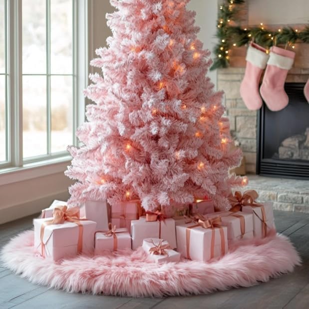 AOGU 72 Inch Faux Fur Christmas Tree Skirt Pink Plush Skirt for Merry Christmas Party Christmas Tree Decoration