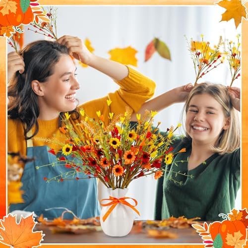JUNEBRUSHS 12 Pack Fall Flowers, Artificial Autumn Floral Berry Picks Forsythia Stem for Thanksgiving Harvest Bouquet Floral Arrangements Garland Table Centerpieces Home Decor