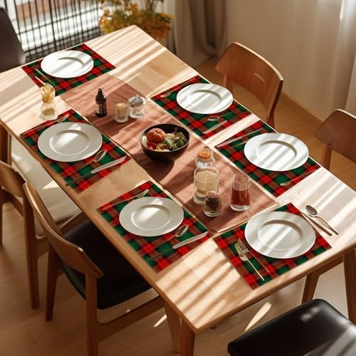 Christmas Plaid Placemats Set of 6,Washable Heat Resistant 12×18 Inch Linen Table Mats Green Red Place Mats for Party Outdoor Dining Décor