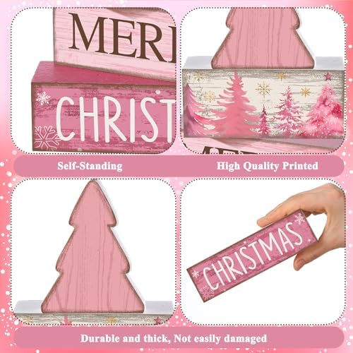 Lineshading 4 Pcs Wooden Merry Christmas Block Signs Pink Farmhouse Decor