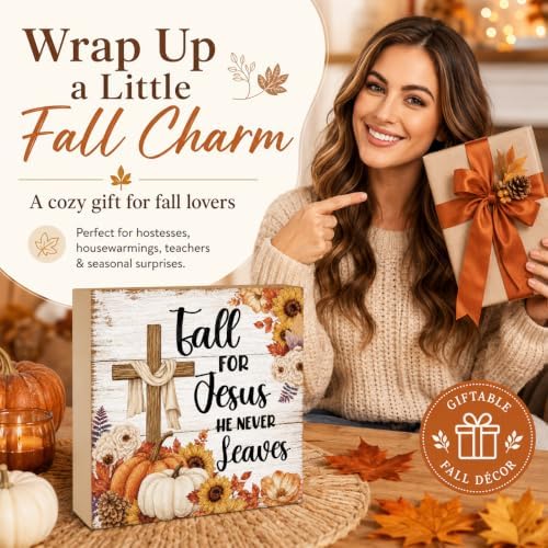 Fall For Jesus He Never Leaves Sign | Floral Cross Pumpkin Decor