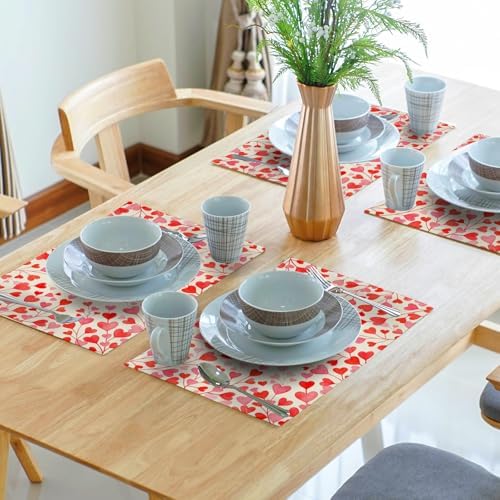 Valentines Day Placemats Set of 4 18x12 Inch Red and Pink Heart Linen Place Mats Heat-Resistant Washable Wipeable Galentines Table Mat for Party Kitchen Dining Dinner Table Home Decor