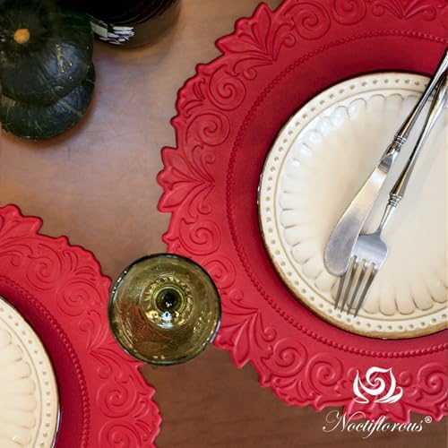 Round Faux Leather Placemats Set of 4, Dining Table Mats, Holly Red