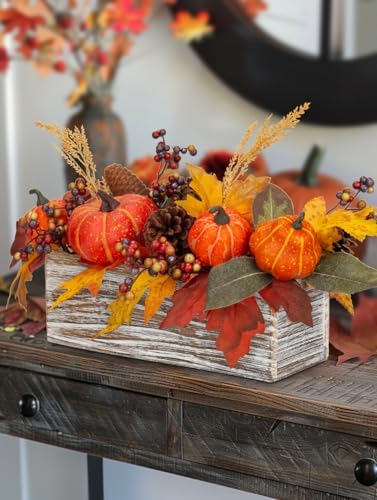 DILATATA Fall Decor Autumn Harvest Pumpkins Centerpiece - Artificial Maple Leaves, Berries and Pinecones Arrangement in Rectangle Wooden Box for Thanksgiving Party Mantel Fall Decor