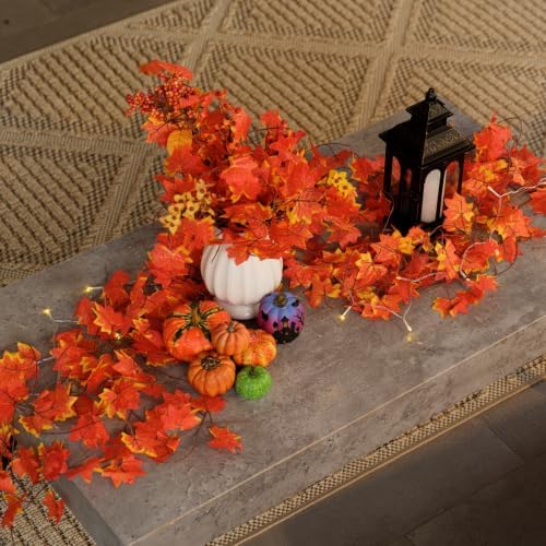 CQURE 48 Pack Fall Leaf Garland, Total 336Ft Artificial Fall Maple Leaves Autumn Vines Garland Thanksgiving Decor for Home Fireplace Party
