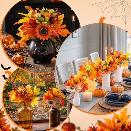 16 Pcs Fall Flower Pick, Artificial Floral Leaf Stem, 12 Inch, Pumpkin