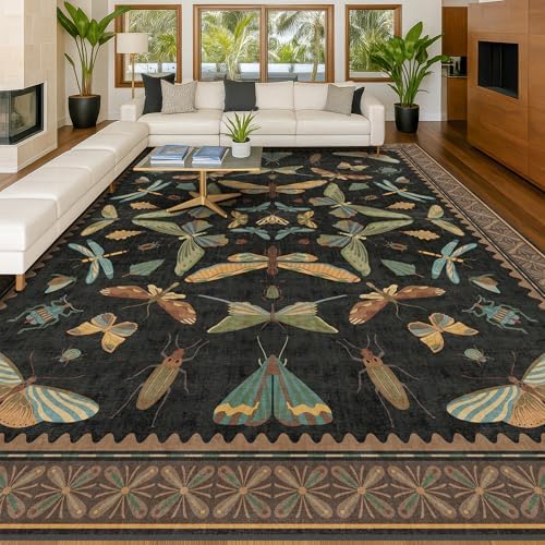 Hazo Haus Large Black Rug for Living Room - Area Rugs 9x12 Dining Room Table, Large Bedroom Under Bed, Unique Insect