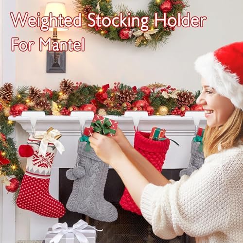 4-Pack Christmas Stocking Holders for Mantel, Weighted Metal Hooks, White