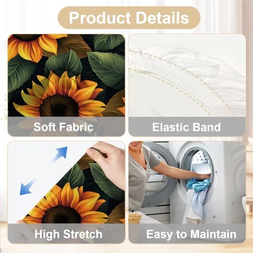 Sunflower Chair Covers for Dining Room – Stretch Floral Slipcovers with Bright Yellow Sunflowers on Dark Background – Washable Decorative Seat Protectors for Kitchen, Summer, Farmhouse Decor,Set of 6